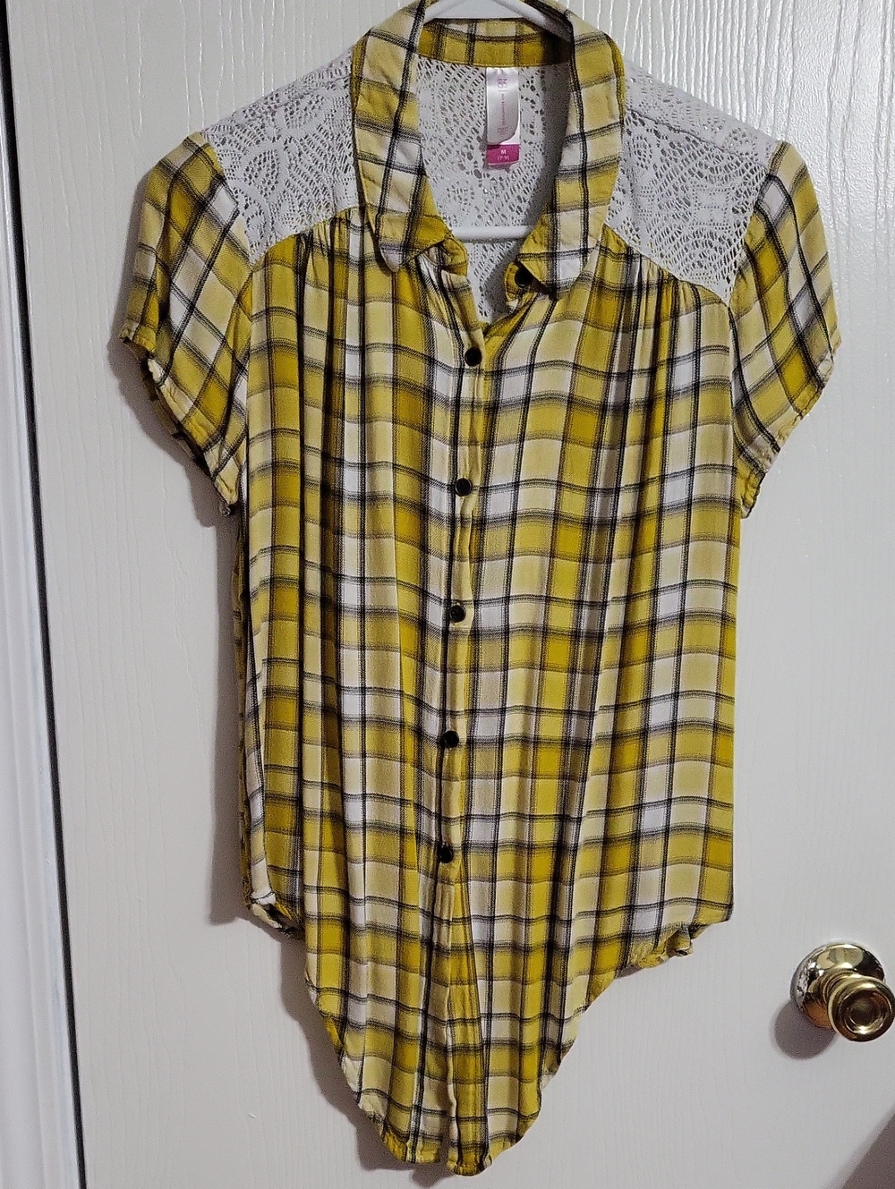 Shirt-No Boundaries Yellow Plaid Button-Up Top with White Lace Yoke #3223